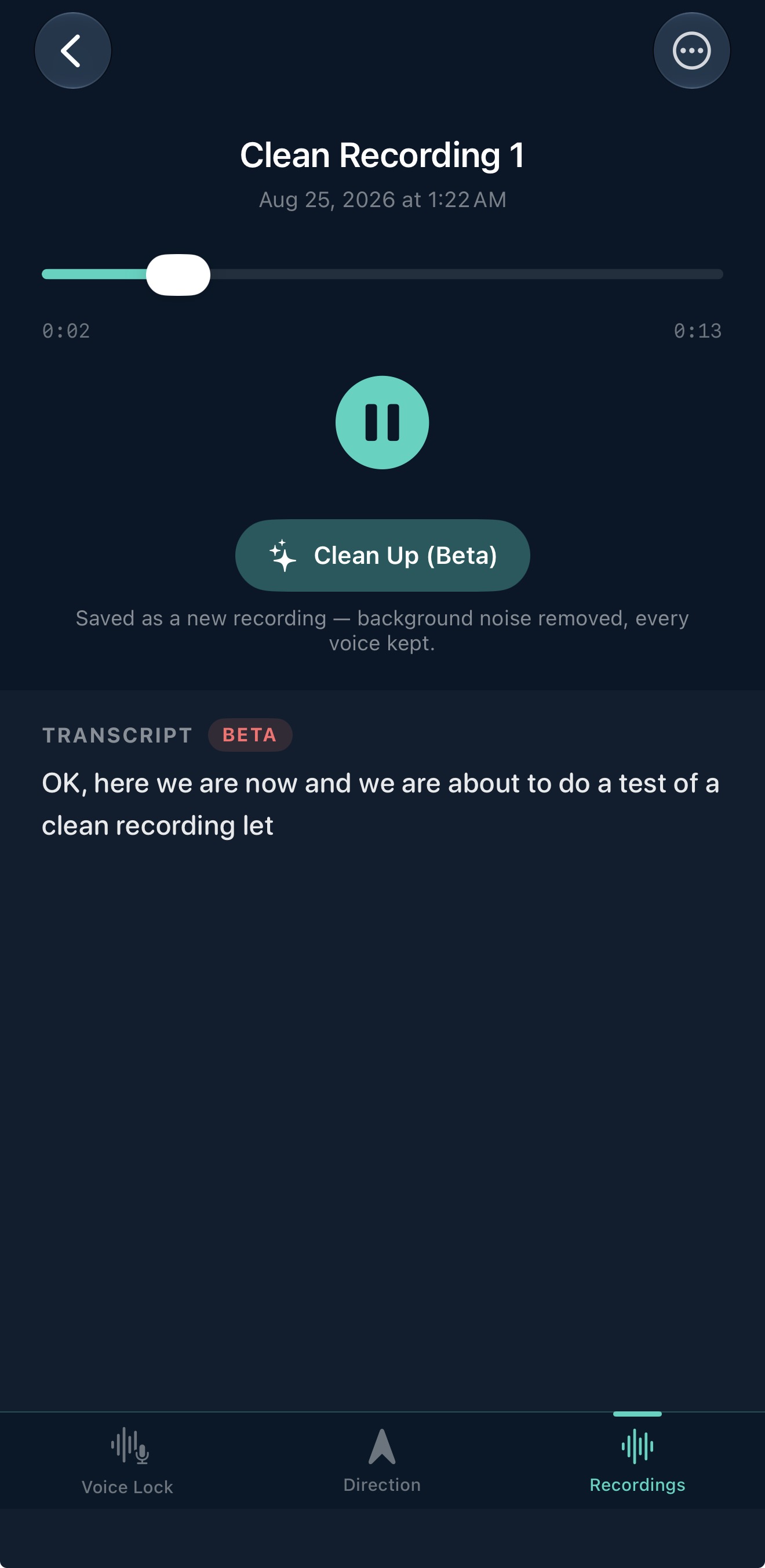 Isolait Clean Up screen showing a recording with background noise removed