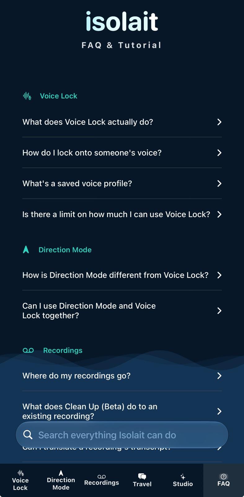 Isolait FAQ and Tutorial screen with searchable questions grouped by feature