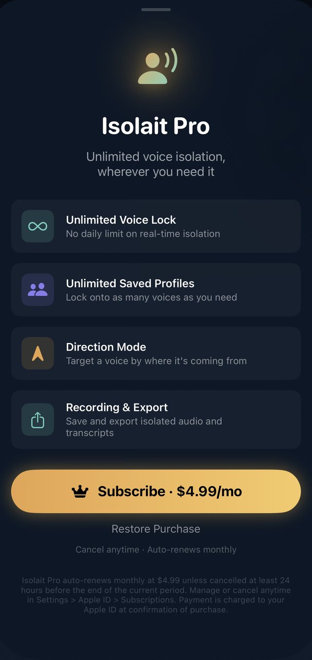 The actual Isolait Pro paywall screen in the app, showing the $4.99/mo subscribe button