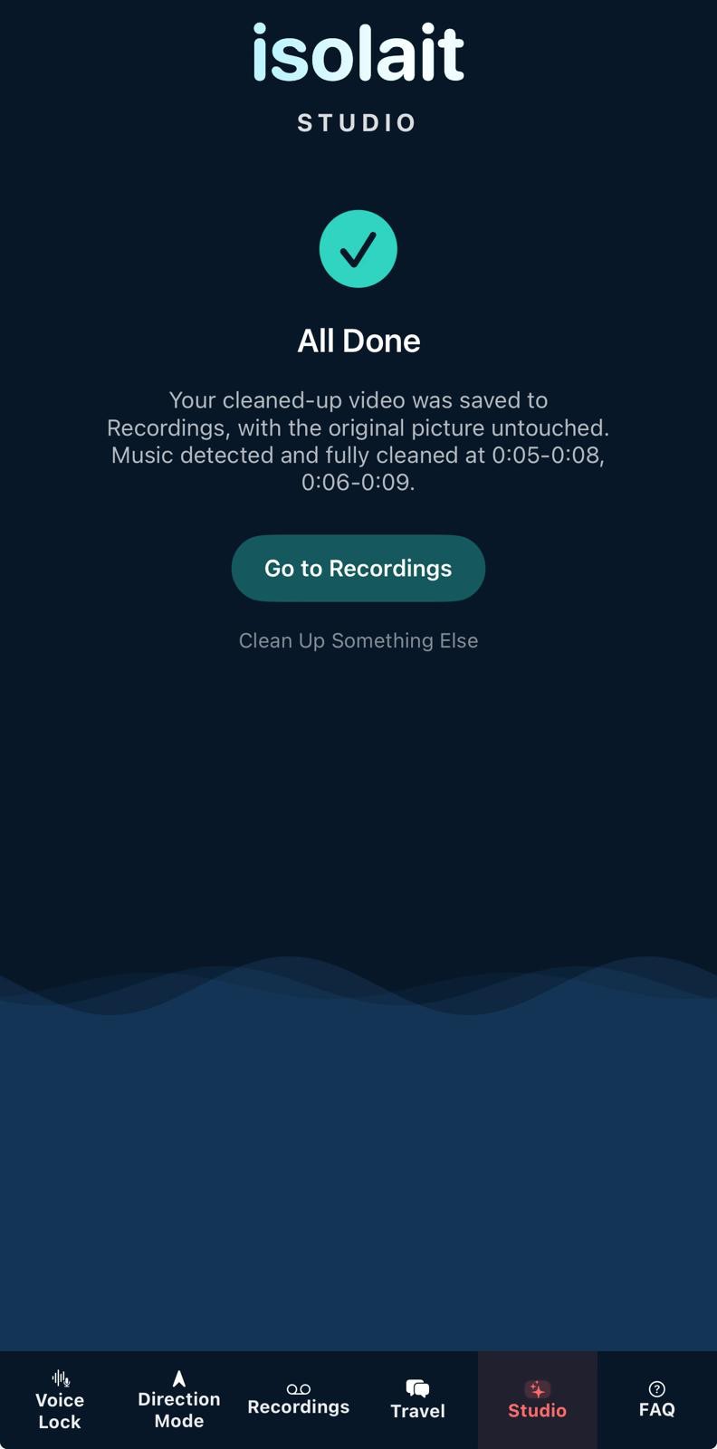 Isolait Studio All Done screen confirming a video was cleaned up with the original picture untouched