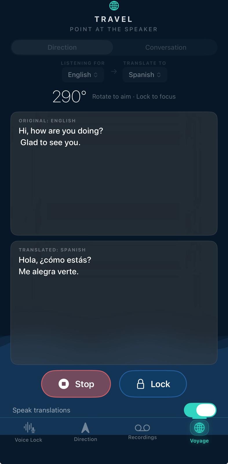Isolait Voyage screen showing a live English-to-Spanish translation, aimed at 290 degrees